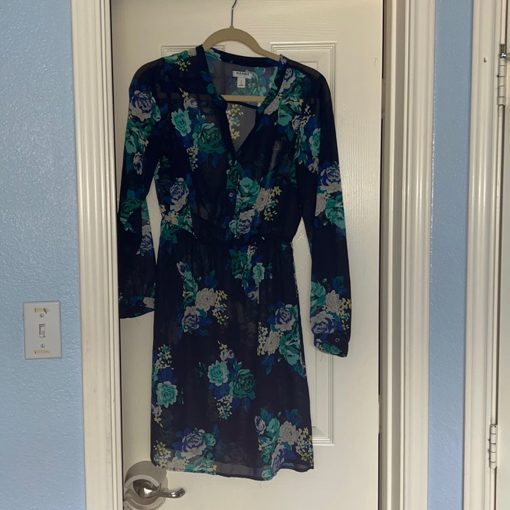OLD NAVY Blue Floral Chiffon V-Neck Midi Dress CottageCore Boho sheer Size S